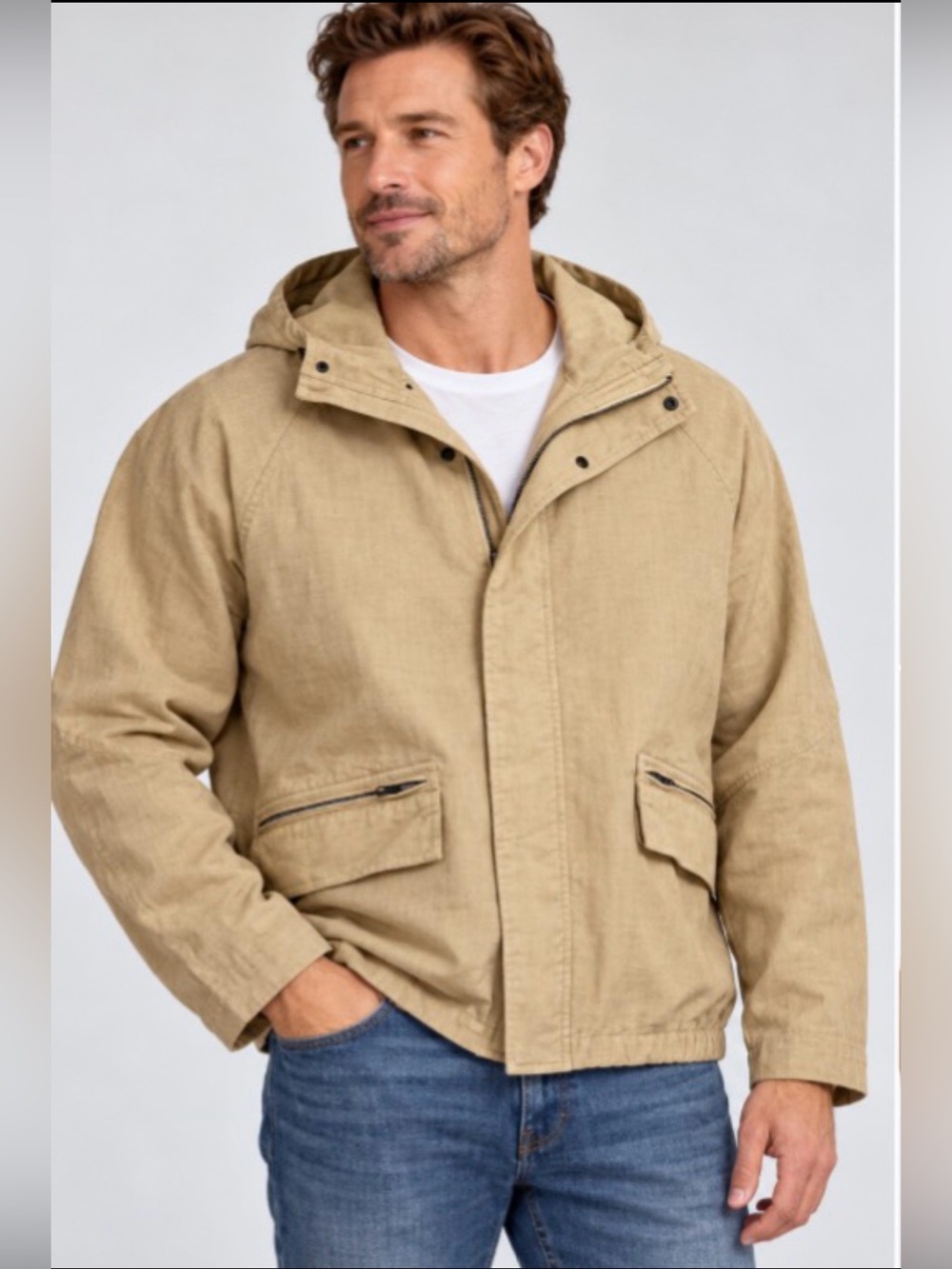 Vintage Domani Uomo Linen Cotton Blend Utility Field Jacket Mens L Beige Hooded